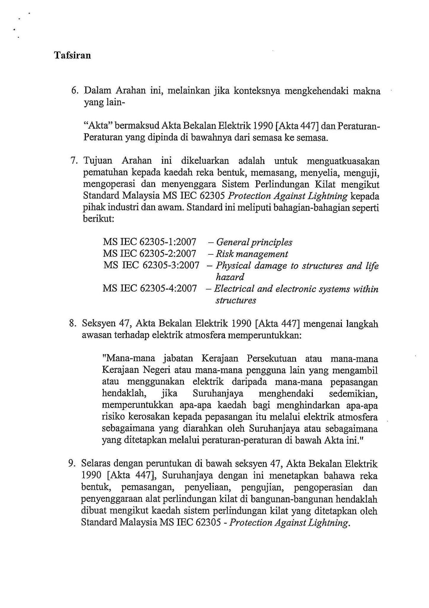 Akta Bekalan Elektrik 1990 [AKTA447] Arahan Suruhanjaya Tenaga Bilangan ...